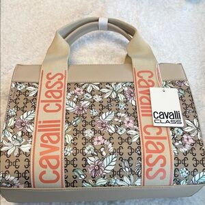Cavalli Class Beige and Pink Floral Tote